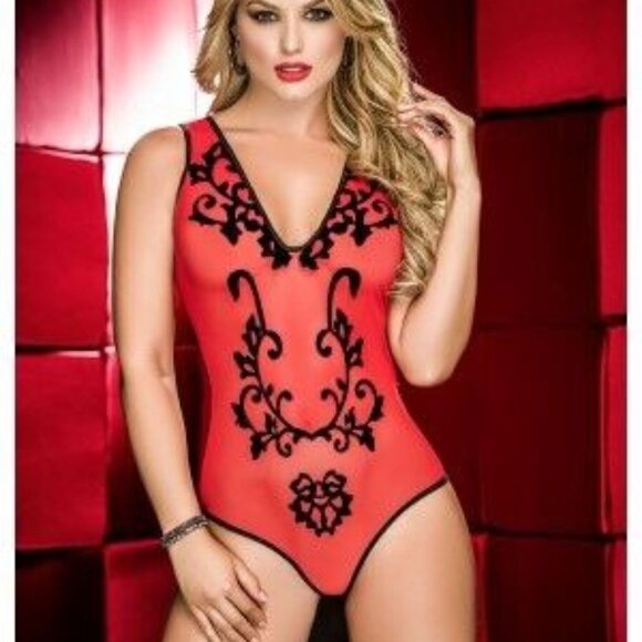 Mapale Sheer w/ Black Applique Detail V Neck Teddy Lingerie 8170 - Picture 1 of 2